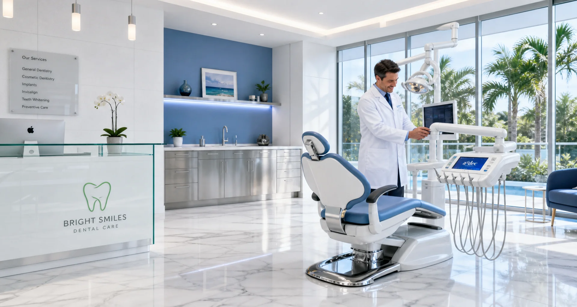 Bright reception entrance and patient waiting lounge at Chandigarh Dental Clinic & Implant Centre